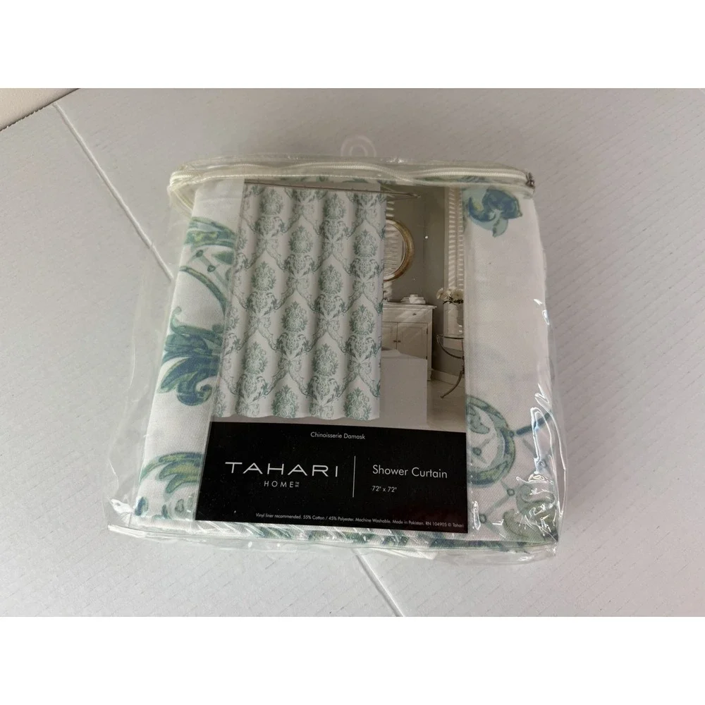 Tahari Home Green Blue Chinoiserie Damask Fabric Shower Curtain Paisley NWT